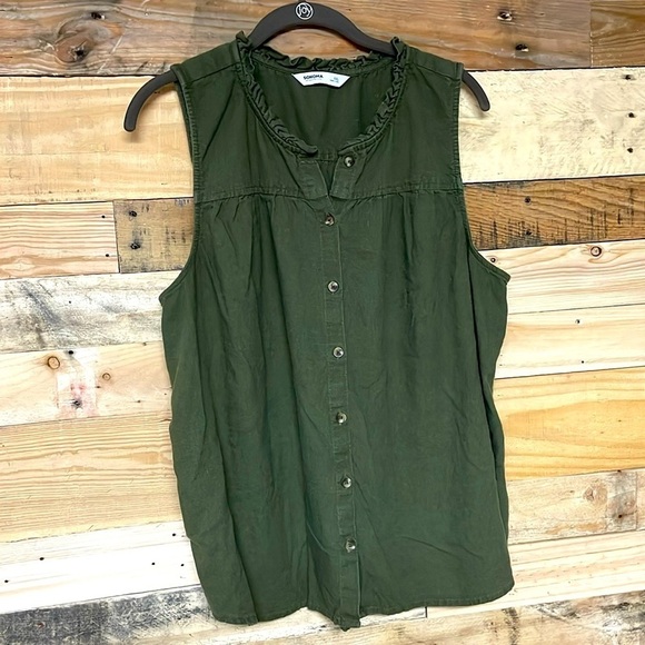 Sonoma size XXL olive green color ruffle neck linen sleeveless blouse - Picture 1 of 6